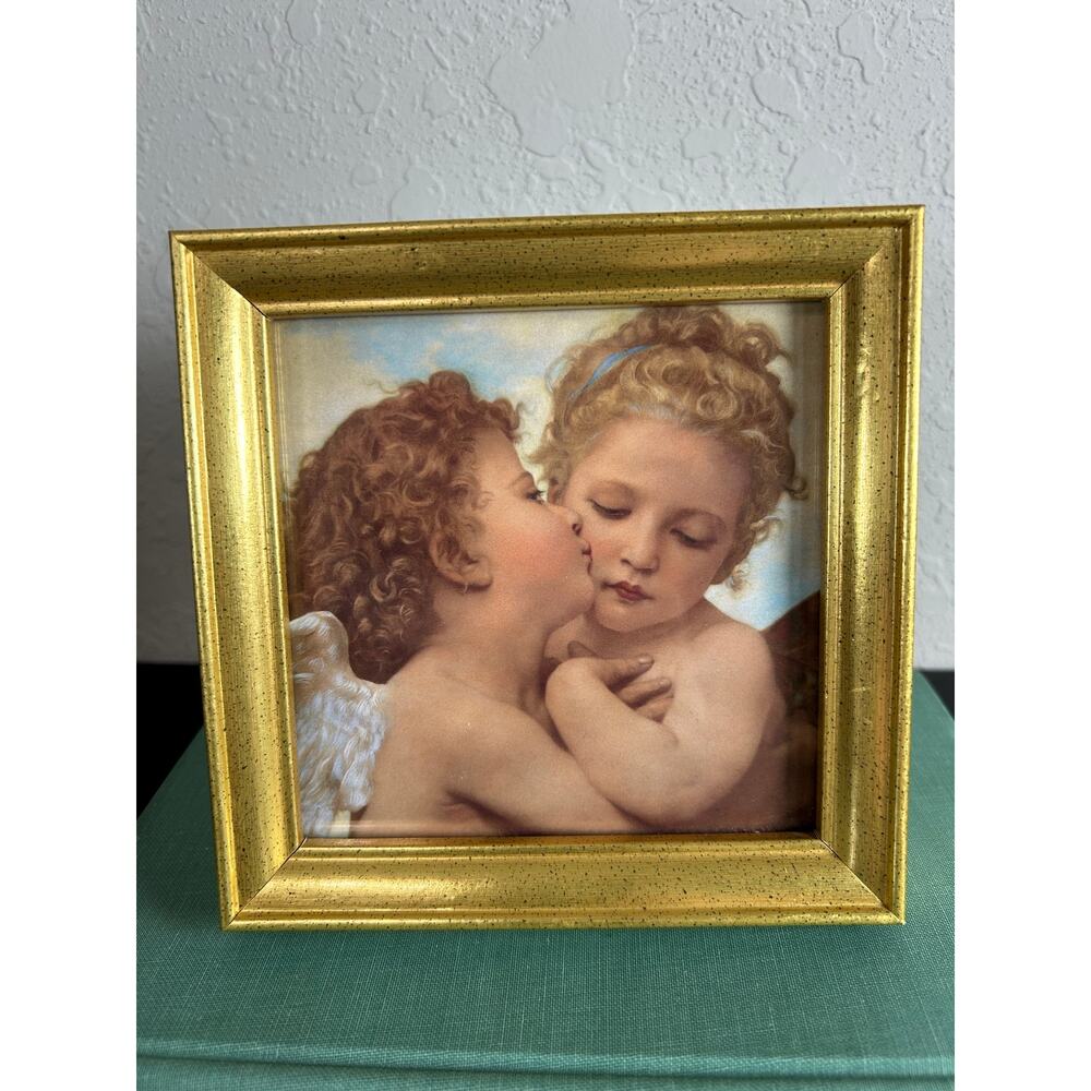 90s Vtg- Square Mini Cherub renaissance Artwork in Golden Frame- Glass- 6x6"